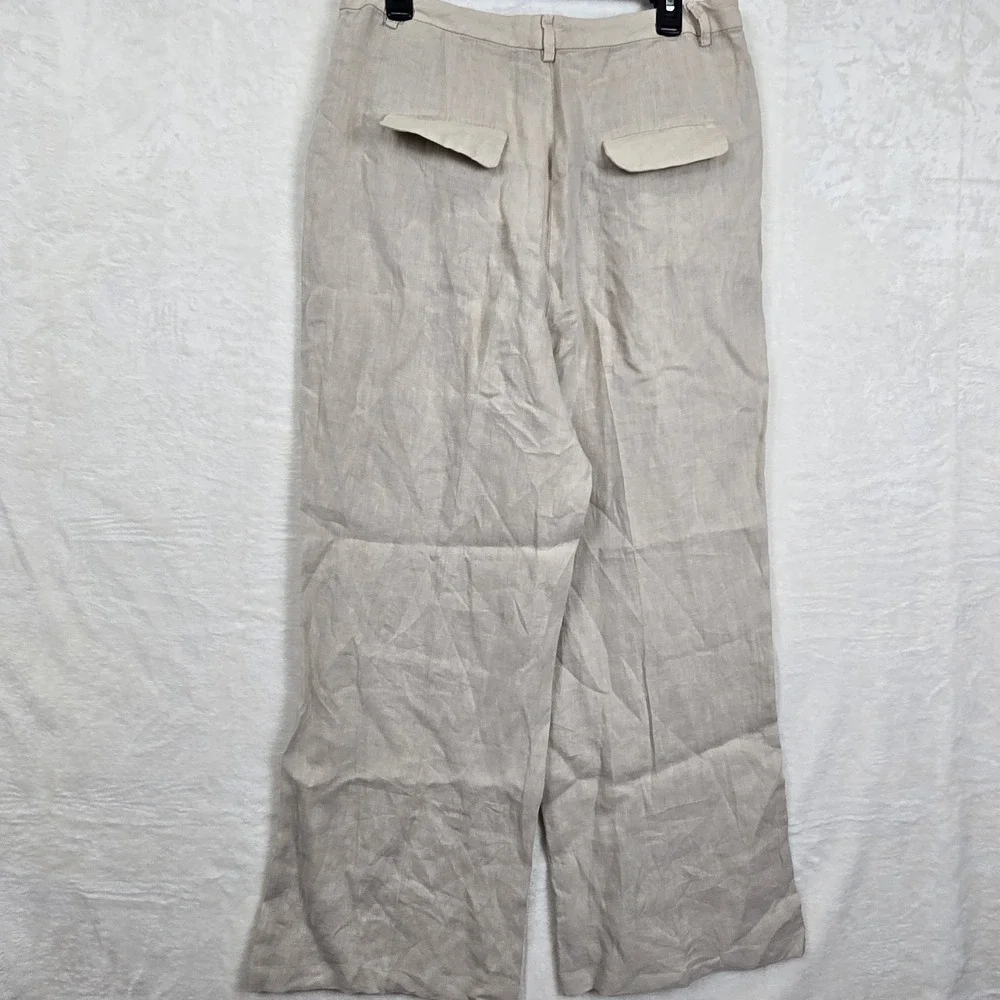 NWT Zara Size Large High Waisted Pleated Wide Leg 100% Linen Pants Sand 8292/500